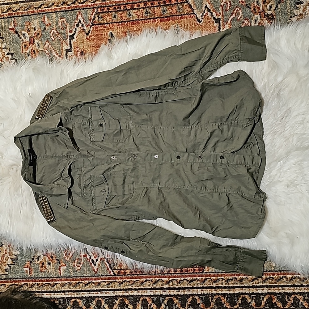 Express Army Style Button Down Shirt w/ Studded Accents on Shoulders Size Small
